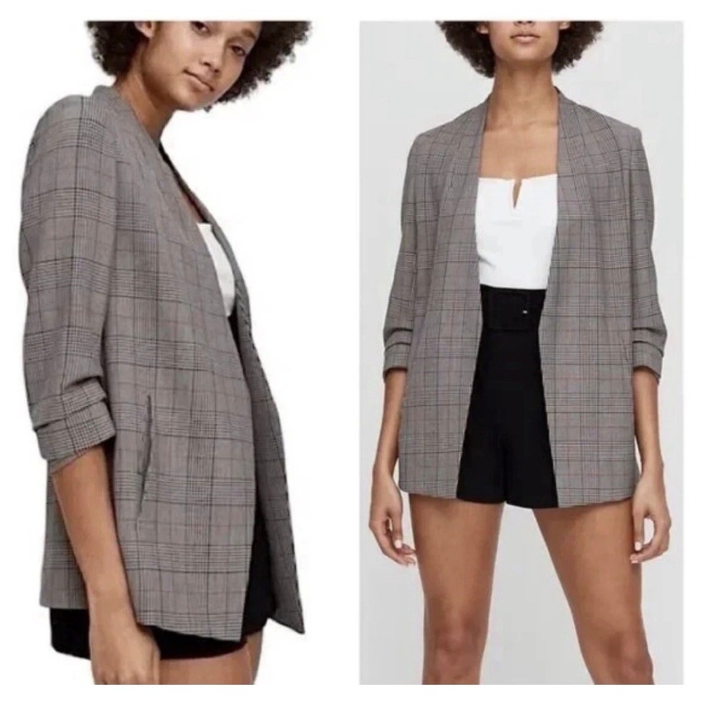 Babaton Power Blazer Women 10 Grey Houndstooth  Open Front Ruched Sleeve